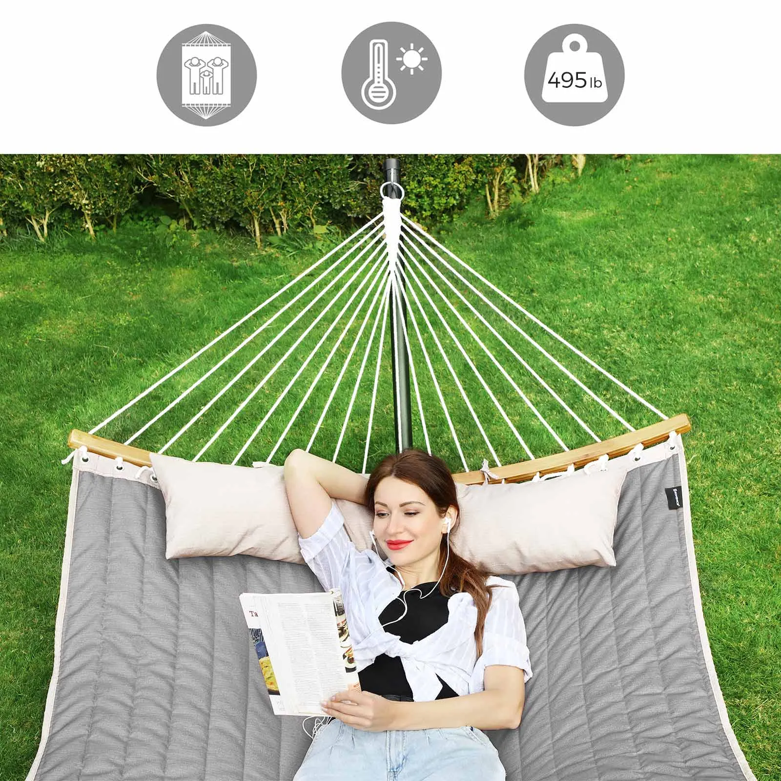 Rootz Portable Hammock - Outdoor Swing Bed - Hanging Lounger - 300D Oxford Cloth - Relaxation Oasis - Garden, Living Room, Beach - 200cm x 140cm - Gray-Beige