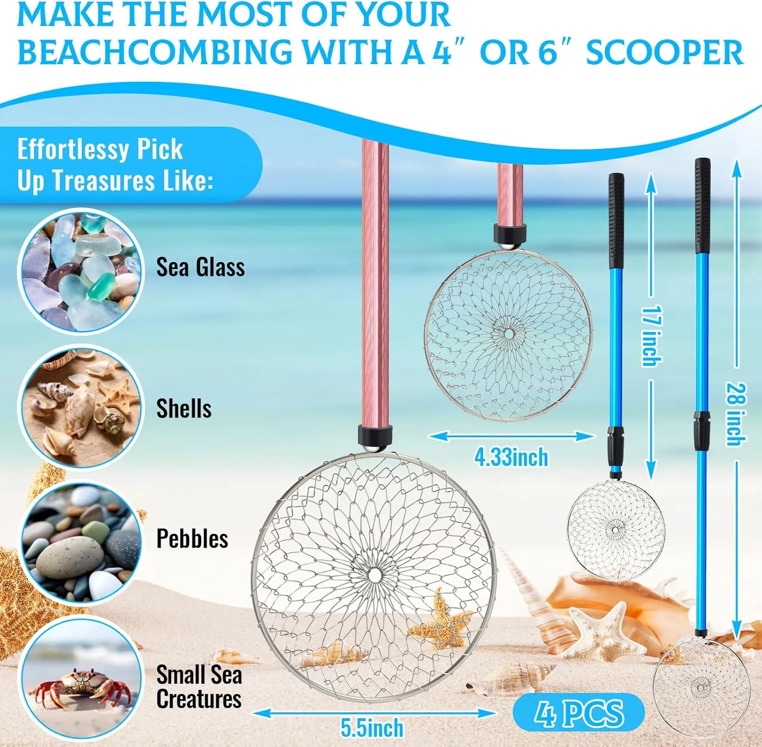 Roshtia 4 Pcs 30 Inch Shark Tooth Sifter, Sand Sifter, Beach Scoop Shovel Tool Metal Adjustable Long Handle Shell Scooper for Seaside Picking up Grooming Seashell Collecting Hunting(Blue, Pink,Round)