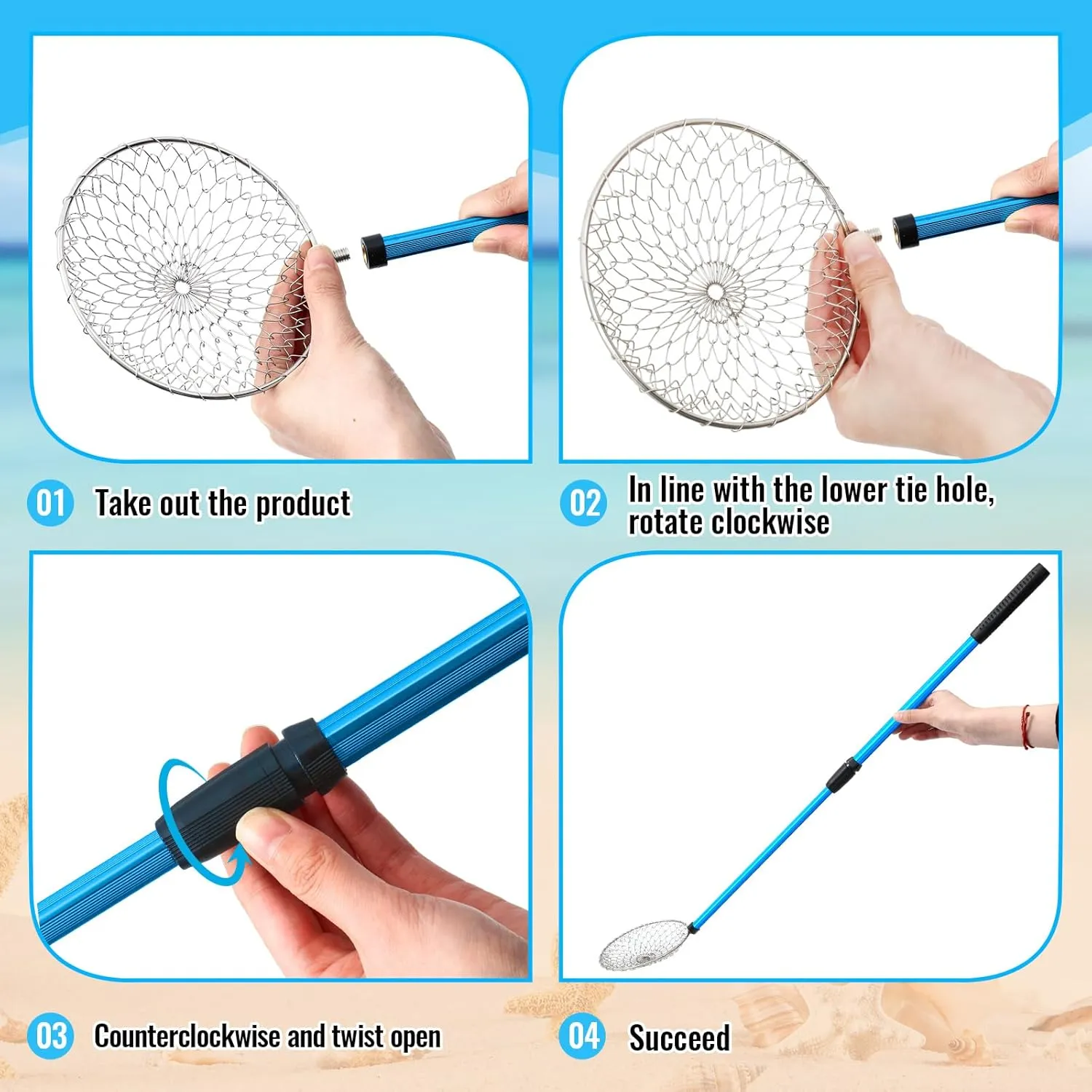 Roshtia 4 Pcs 30 Inch Shark Tooth Sifter, Sand Sifter, Beach Scoop Shovel Tool Metal Adjustable Long Handle Shell Scooper for Seaside Picking up Grooming Seashell Collecting Hunting(Blue, Pink,Round)