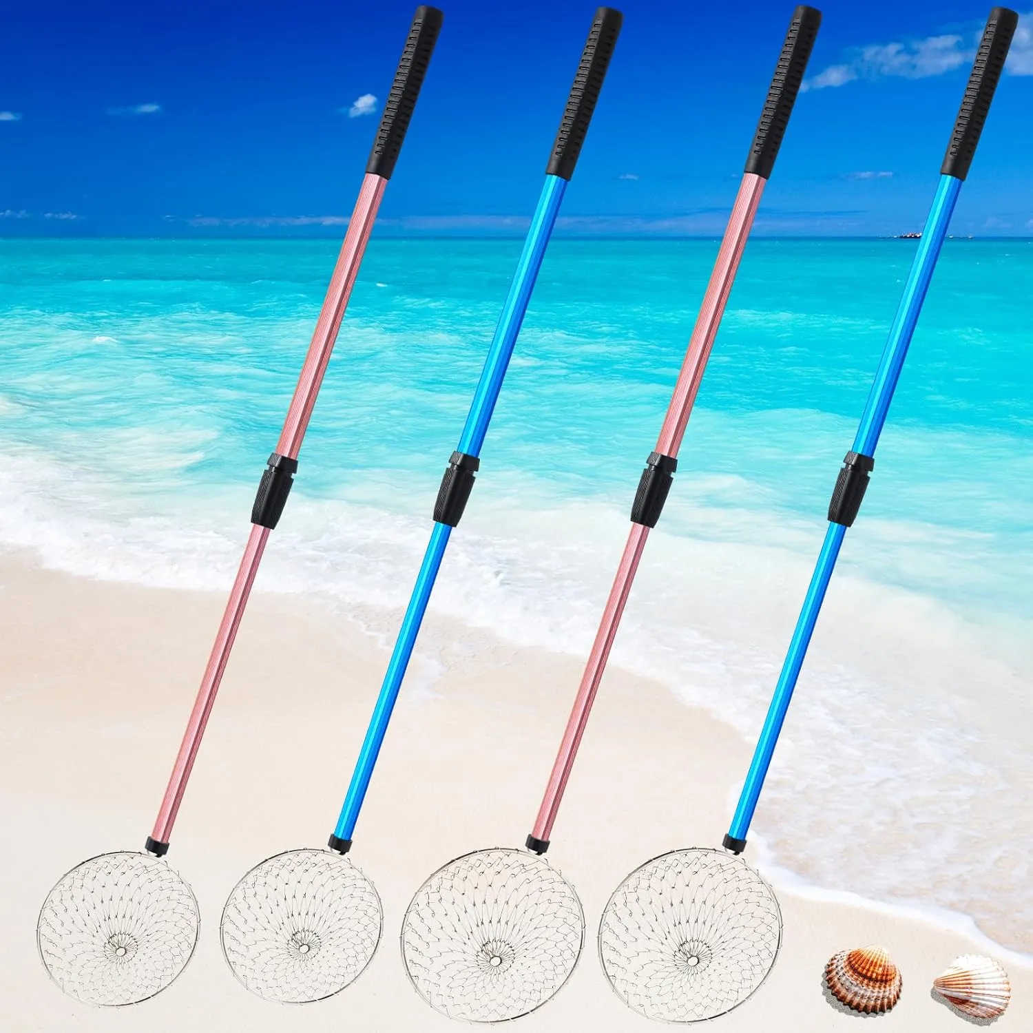 Roshtia 4 Pcs 30 Inch Shark Tooth Sifter, Sand Sifter, Beach Scoop Shovel Tool Metal Adjustable Long Handle Shell Scooper for Seaside Picking up Grooming Seashell Collecting Hunting(Blue, Pink,Round)