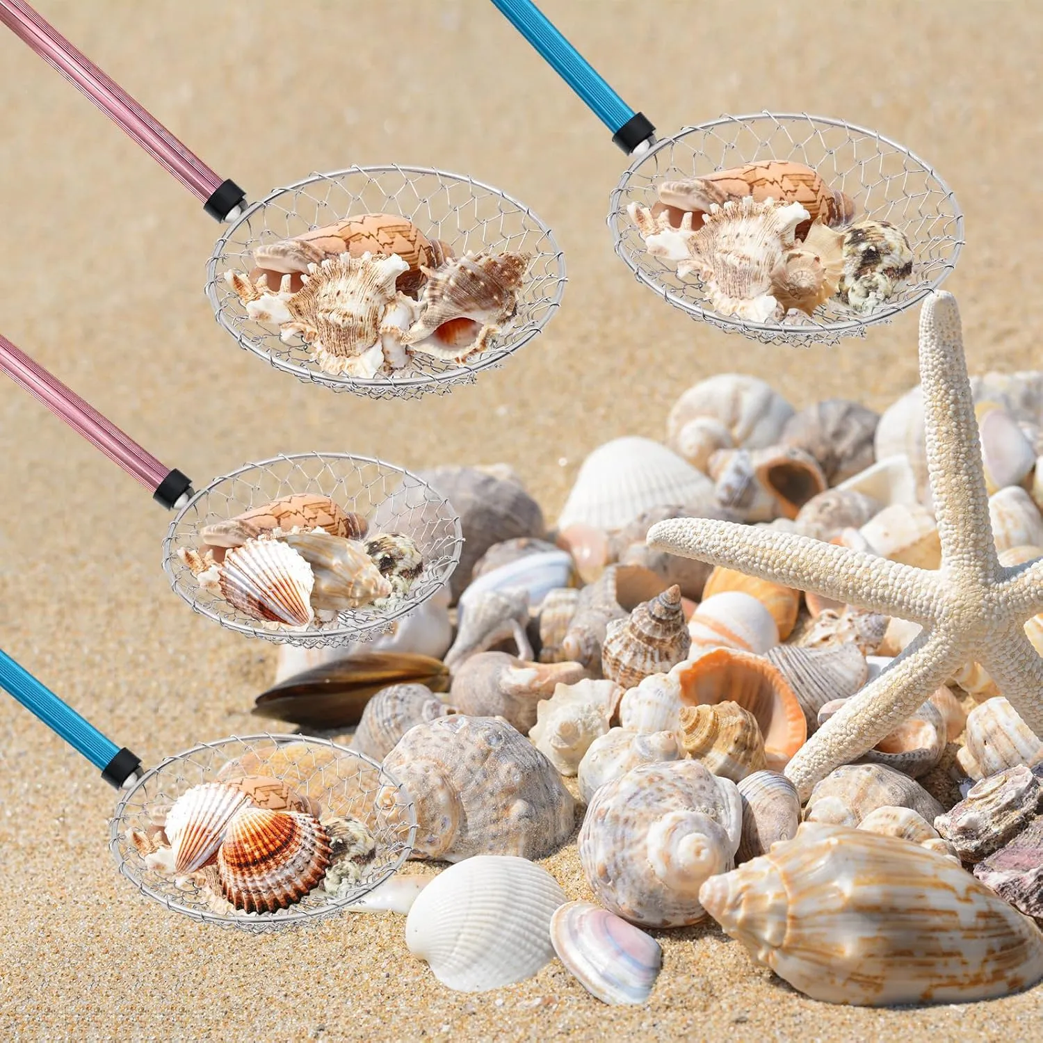 Roshtia 4 Pcs 30 Inch Shark Tooth Sifter, Sand Sifter, Beach Scoop Shovel Tool Metal Adjustable Long Handle Shell Scooper for Seaside Picking up Grooming Seashell Collecting Hunting(Blue, Pink,Round)