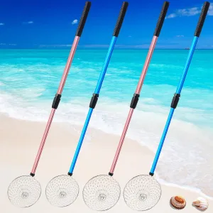 Roshtia 4 Pcs 30 Inch Shark Tooth Sifter, Sand Sifter, Beach Scoop Shovel Tool Metal Adjustable Long Handle Shell Scooper for Seaside Picking up Grooming Seashell Collecting Hunting(Blue, Pink,Round)