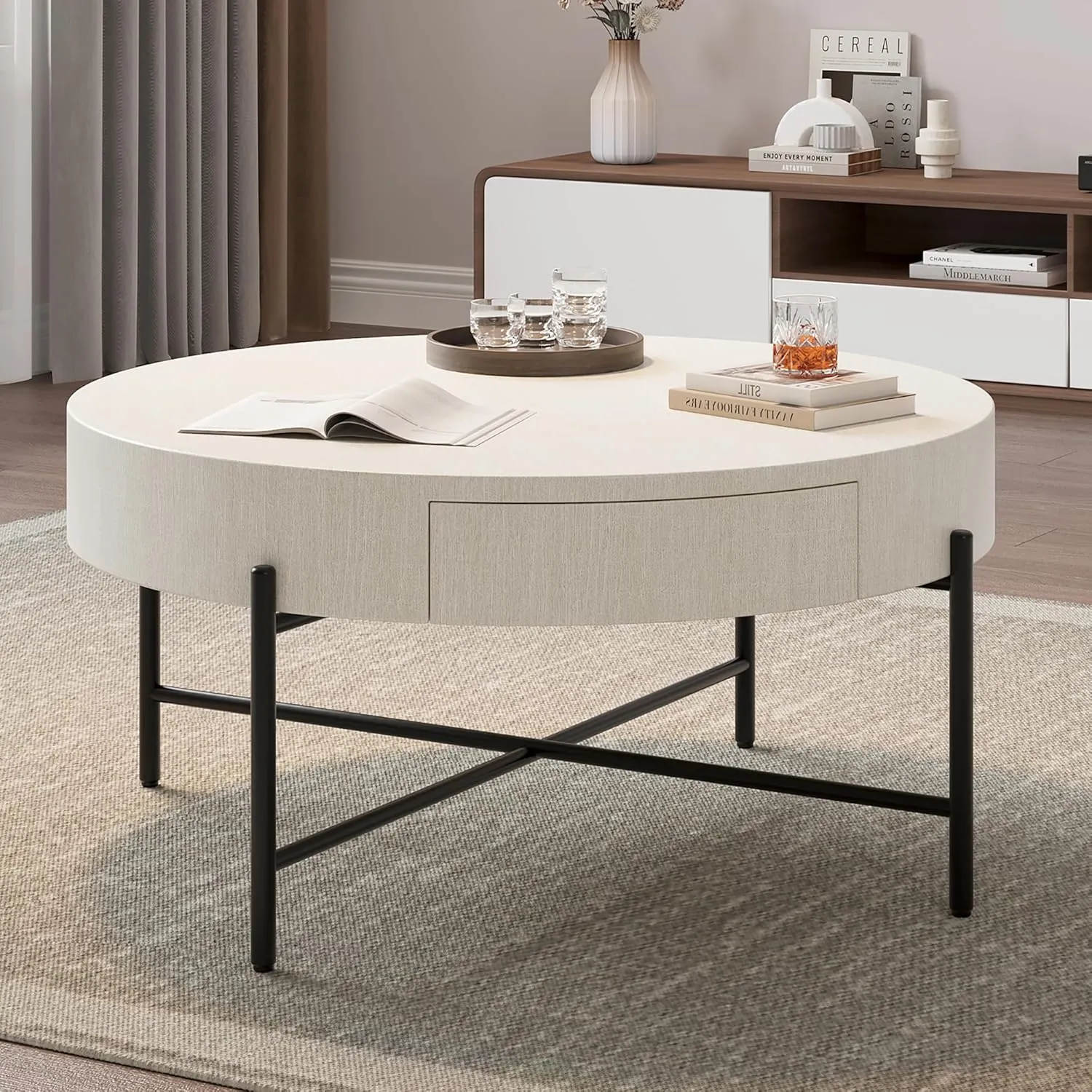 Round Coffee Table with Drawers Farmhouse Circle Table with Storage Wood Accent Center Table Natural Living Room Tables (White)