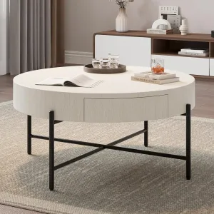 Round Coffee Table with Drawers Farmhouse Circle Table with Storage Wood Accent Center Table Natural Living Room Tables (White)