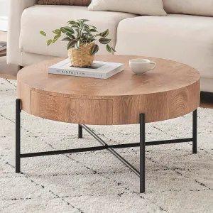 Round Coffee Table with Drawers Farmhouse Circle Table with Storage Wood Accent Center Table Natural Living Room Tables