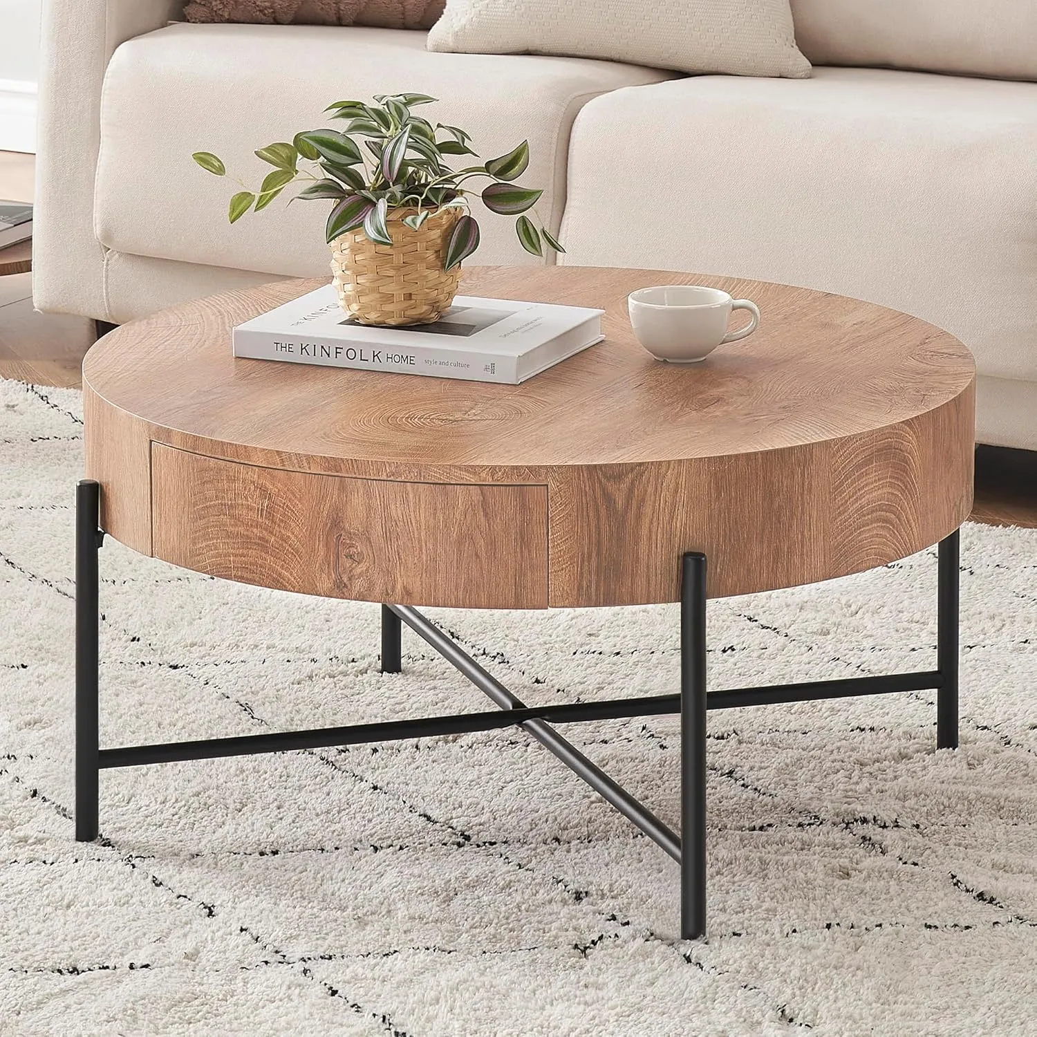 Round Coffee Table with Drawers Farmhouse Circle Table with Storage Wood Accent Center Table Natural Living Room Tables
