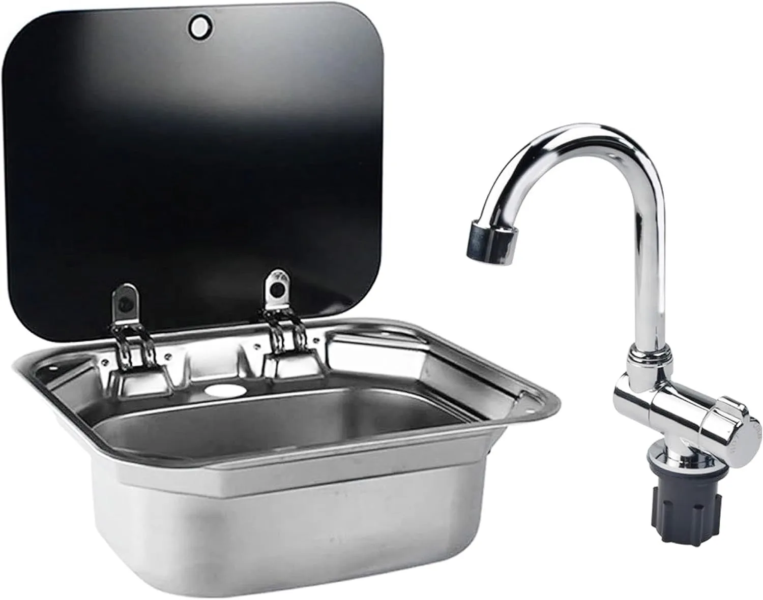 RV Caravan or Boat Stainless Steel Hand Wash Basin Sink with Folded Faucet Tempered Glass Lid van Camper Trailer Accessories (Sink with tapB)