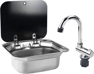 RV Caravan or Boat Stainless Steel Hand Wash Basin Sink with Folded Faucet Tempered Glass Lid van Camper Trailer Accessories (Sink with tapB)