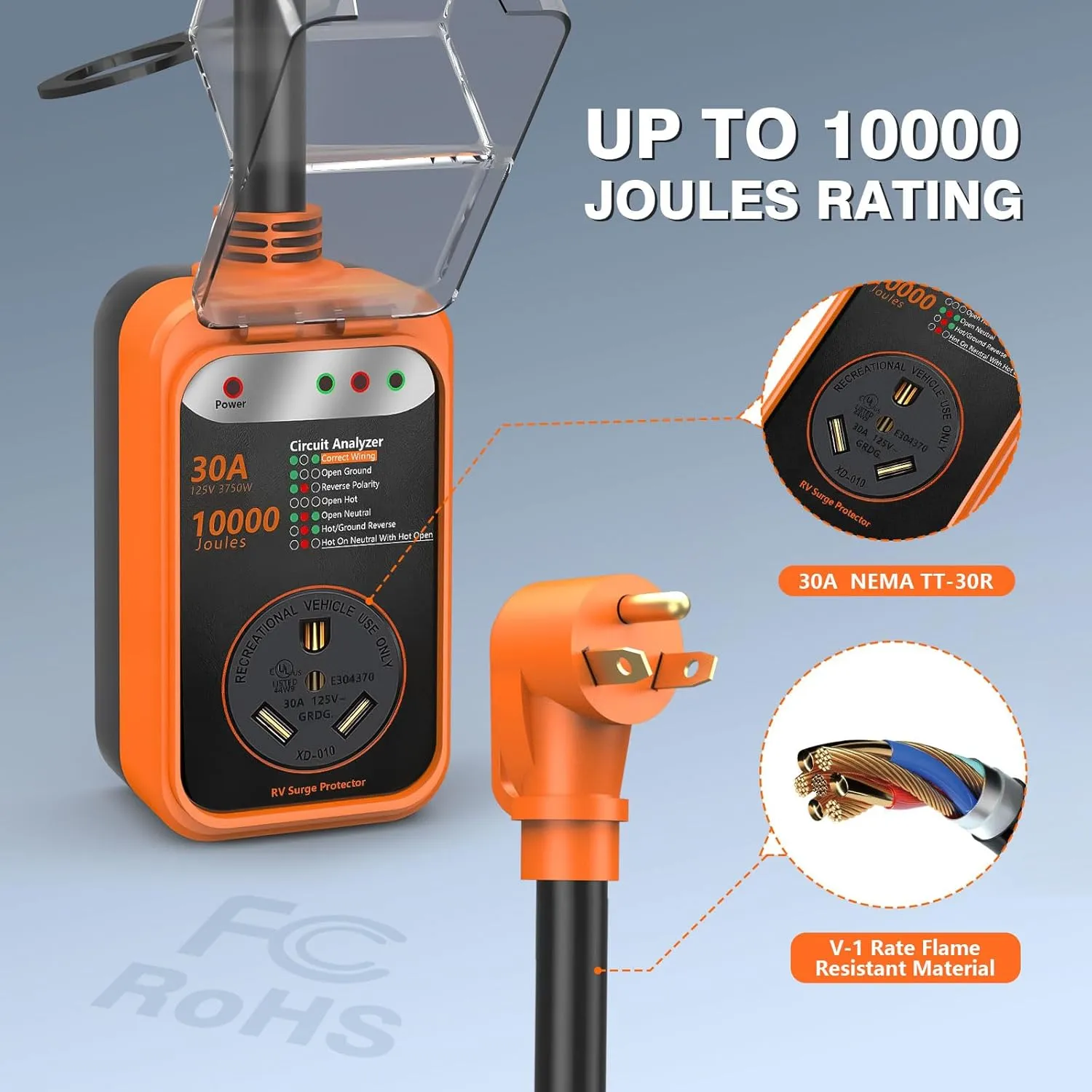 RV Surge Protector 30 Amp, 10000 Joules RV Circuit Analyzer with Waterproof Cover,RV Adapter Plug for Camper Travel Trailers (30 AMP)