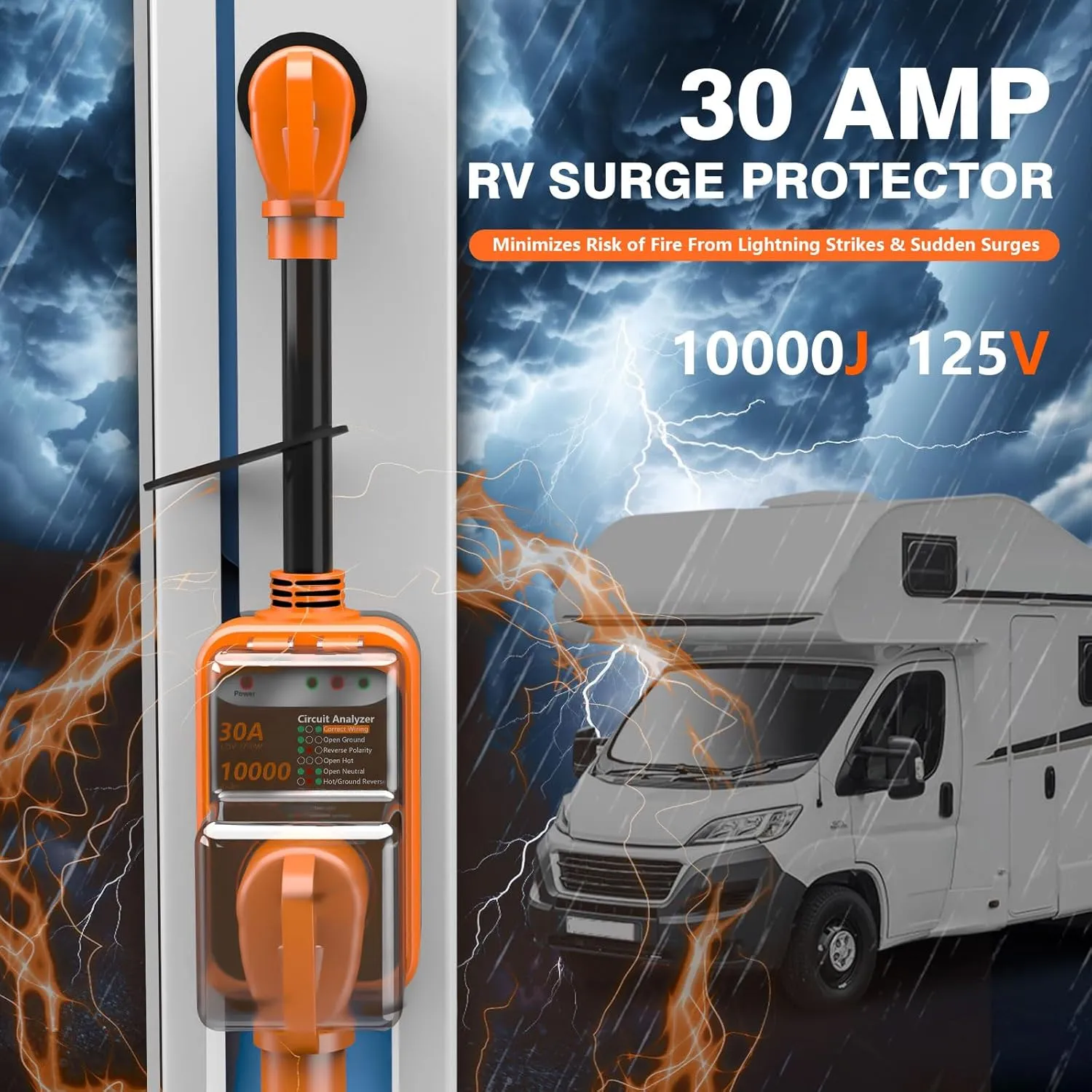 RV Surge Protector 30 Amp, 10000 Joules RV Circuit Analyzer with Waterproof Cover,RV Adapter Plug for Camper Travel Trailers (30 AMP)