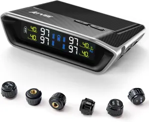 RV Tire Pressure Monitoring System, TPMS with 6 Sensors for RV, Trailer, Truck & Camper, 0–115 PSI Trailer TPMS with Solar & USB Charging and 5 Alarm Modes, Color LCD Display