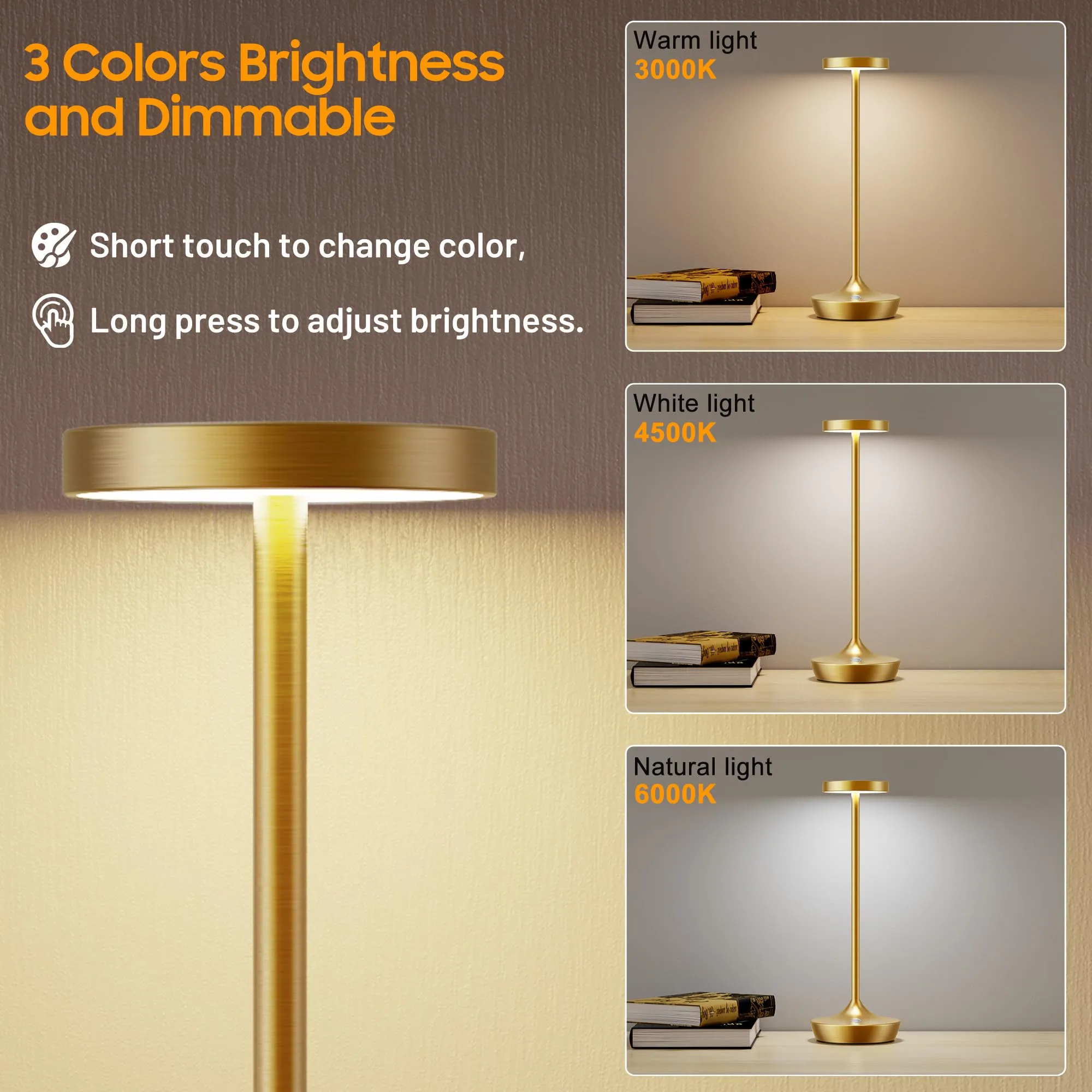 Rynx | Sikevht 2 Pack Gold Wireless LED Table Lamps, Waterproof, Dimmable, Portable for Indoor & Outdoor Use