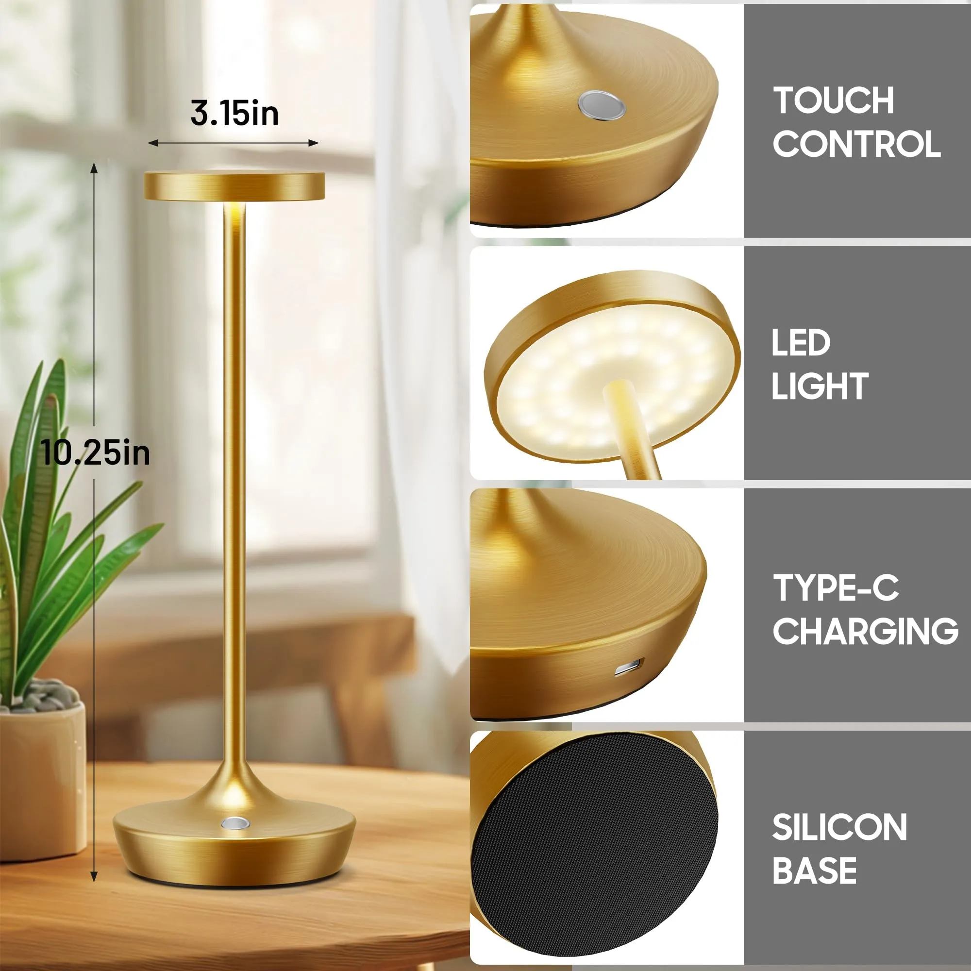 Rynx | Sikevht 2 Pack Gold Wireless LED Table Lamps, Waterproof, Dimmable, Portable for Indoor & Outdoor Use