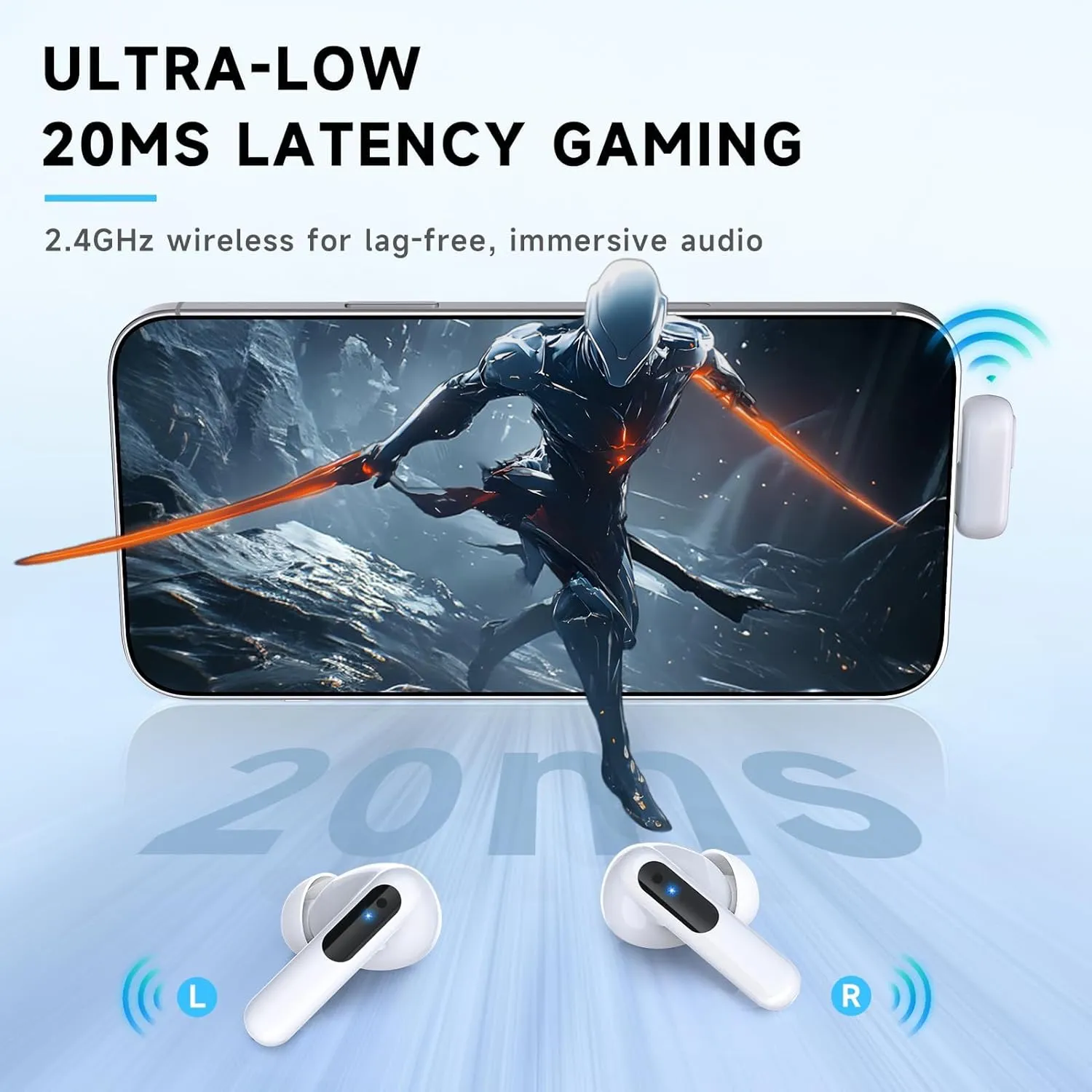 RYR 2.4GHz Wireless Gaming Earbuds, Bluetooth 5.3 in-Ear Headphones Bass Stereo, Gaming Earphones with Noise Cancelling Mic, LED Display, 36Hs Playtime for Meta Quest 3/2, PS5/4, VR, Switch, PC, Phone