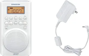 Sangean H205 AM/FM Weather Alert Waterproof Shower Radio White & ADP-H202 Switching Power AC Adapter for Models H201, H202 and H205, White