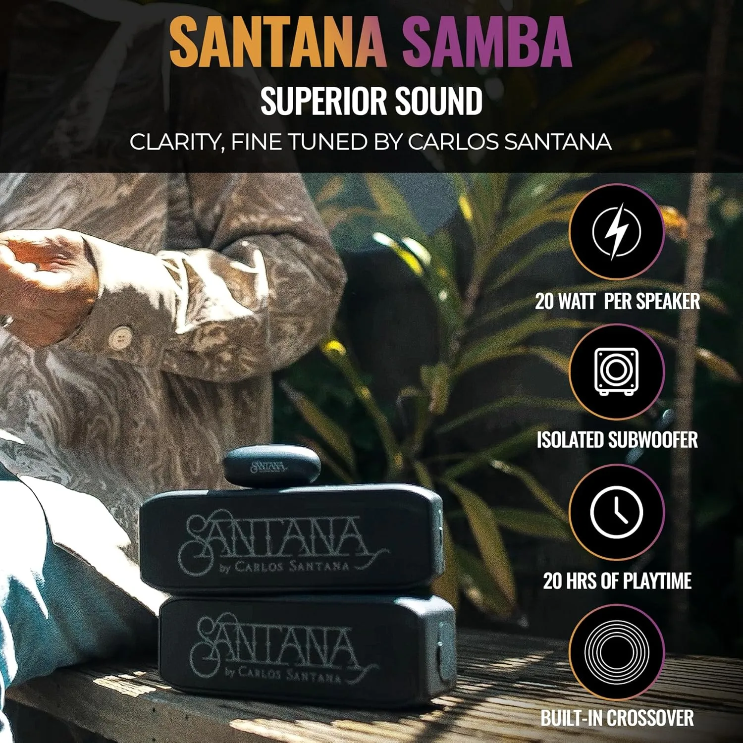 SANTANA BY CARLOS SANTANA Samba 40W High-Power Bluetooth Speaker with 48mm Drivers, Isolated Subwoofer, IP67 Waterproof, True Wireless Surround Sound, 20  Hours Battery Life (Samba, Single Pack)