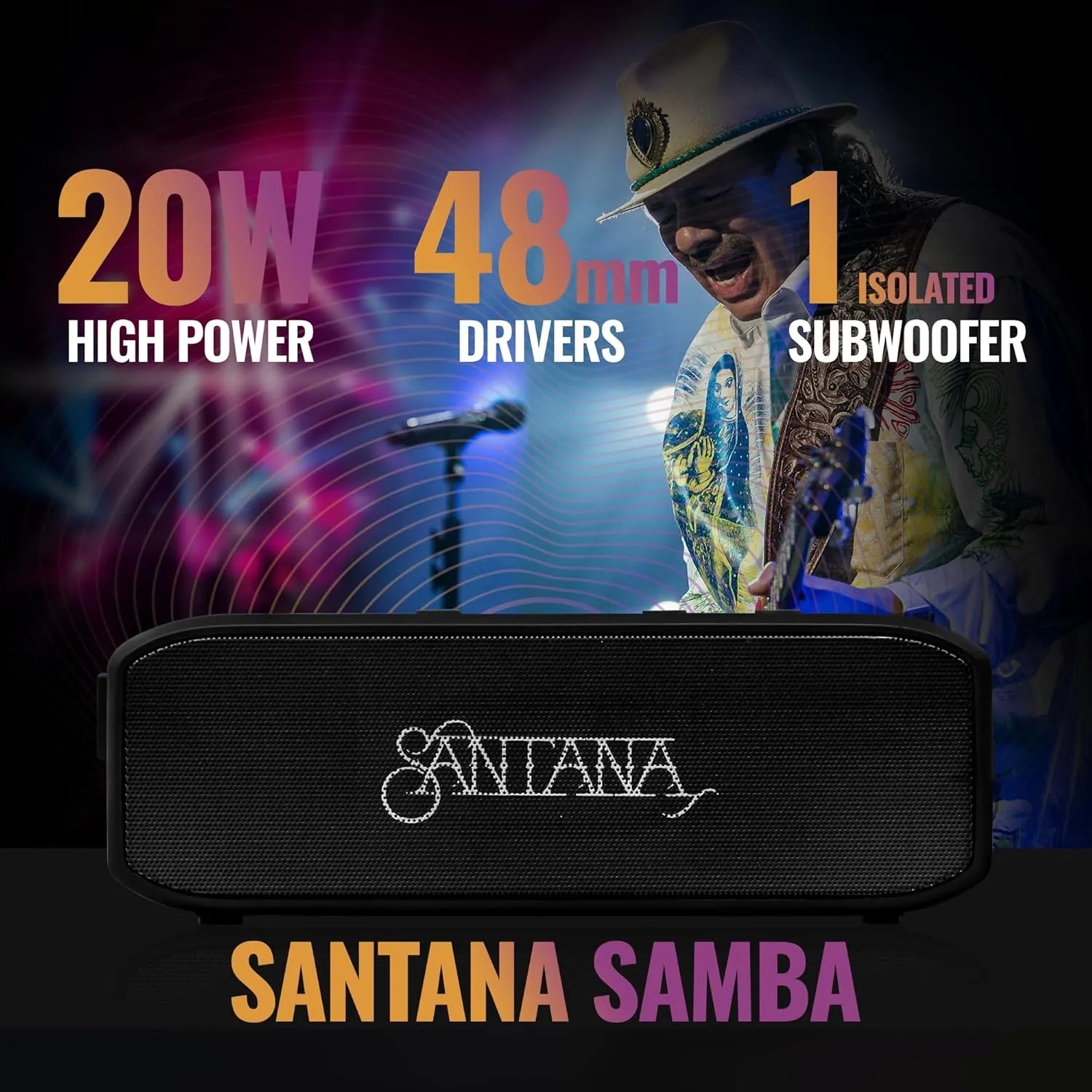 SANTANA BY CARLOS SANTANA Samba 40W High-Power Bluetooth Speaker with 48mm Drivers, Isolated Subwoofer, IP67 Waterproof, True Wireless Surround Sound, 20  Hours Battery Life (Samba, Single Pack)