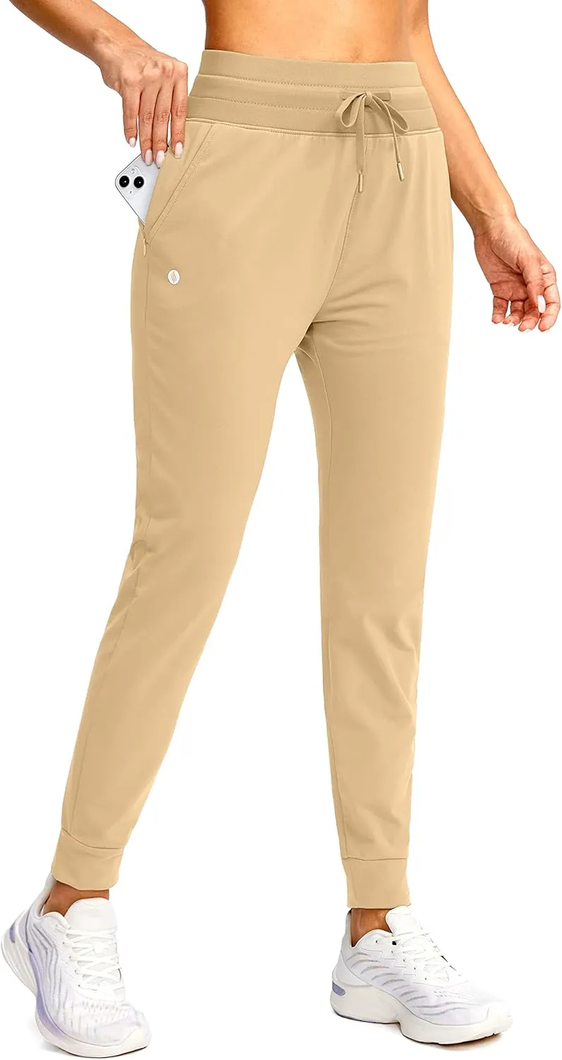 SANTINY Women's Fleece Lined Joggers Water Resistant High Waisted Thermal Sweatpants Winter Pants Hiking Running Pockets(Khaki_L)