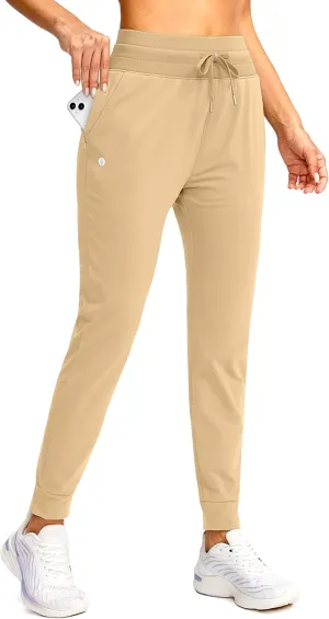 SANTINY Women's Fleece Lined Joggers Water Resistant High Waisted Thermal Sweatpants Winter Pants Hiking Running Pockets(Khaki_L)