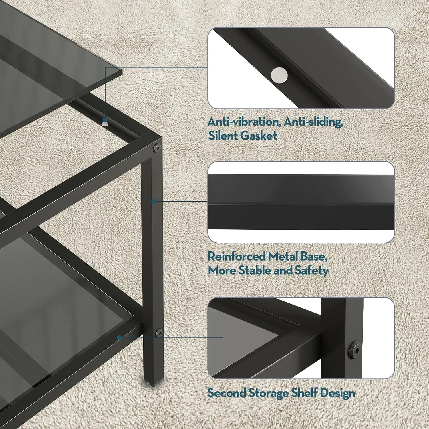 SAYGOER Modern Coffee Table Small Glass Coffee Table with Storage 2-Tier Simple Square Center Table for Living Room Home Office Sofa Table with Metal Frame 26.7 x 26.7 x 15.7 Inches, Gray Black