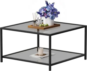 SAYGOER Modern Coffee Table Small Glass Coffee Table with Storage 2-Tier Simple Square Center Table for Living Room Home Office Sofa Table with Metal Frame 26.7 x 26.7 x 15.7 Inches, Gray Black