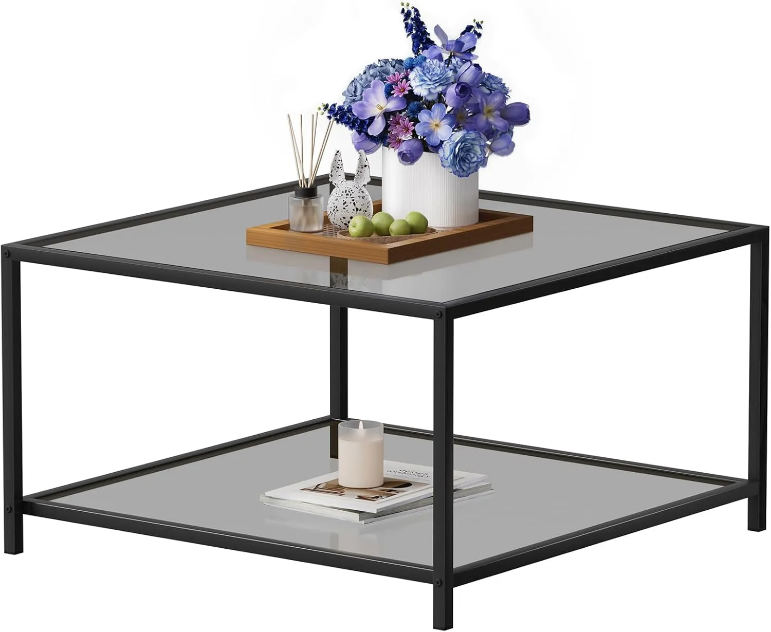SAYGOER Modern Coffee Table Small Glass Coffee Table with Storage 2-Tier Simple Square Center Table for Living Room Home Office Sofa Table with Metal Frame 26.7 x 26.7 x 15.7 Inches, Gray Black