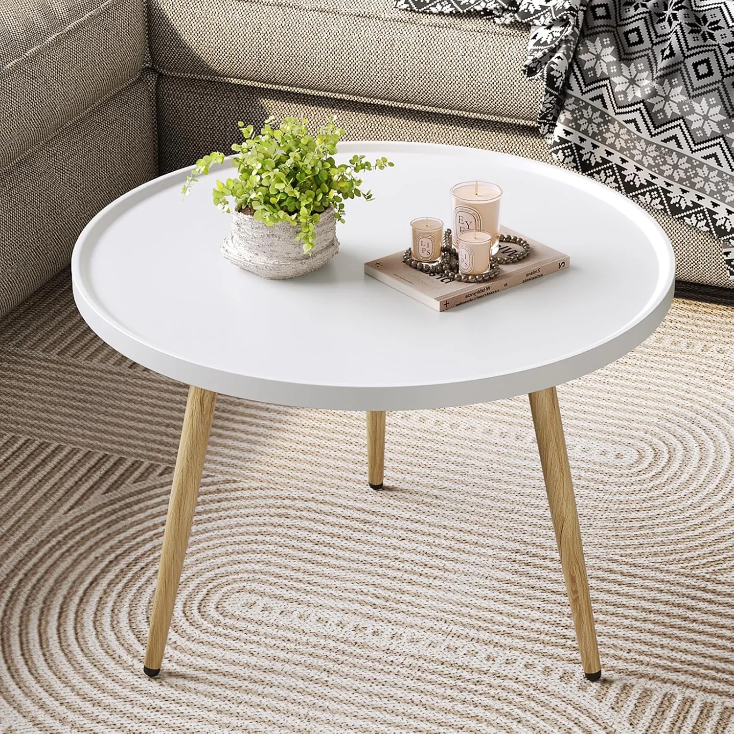 SAYGOER Round Coffee Table Small Modern Coffee Tables Rustic Farmhouse Center Table for Living Room Home Office Boho Table Easy Assembly, White Oak