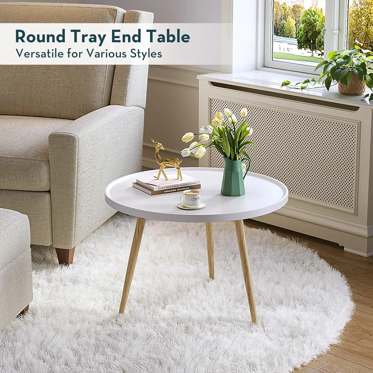 SAYGOER Round Coffee Table Small Modern Coffee Tables Rustic Farmhouse Center Table for Living Room Home Office Boho Table Easy Assembly, White Oak