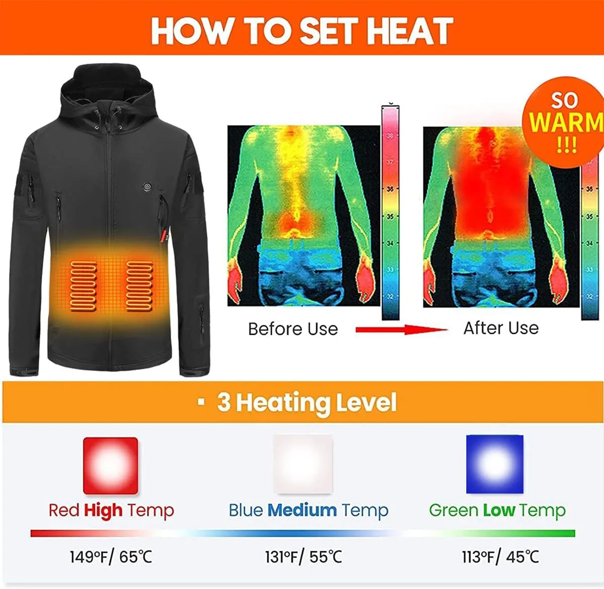 scosao Heated Jacket Electric Heating Coat Winter Warm Hooded Heating Jackets Waterproof Breathable for Women and Men
