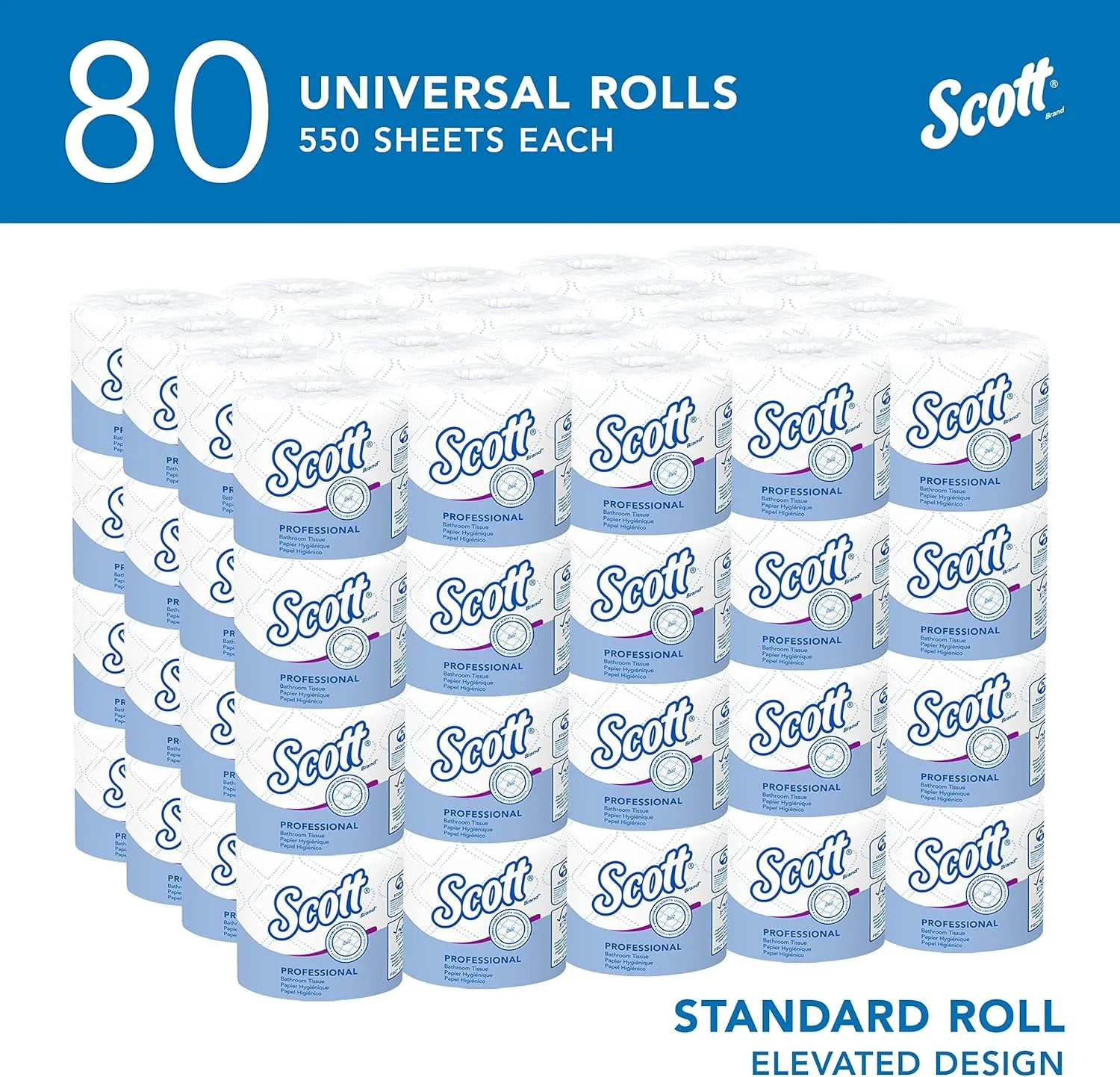 Scott Professional Standard Roll Bulk Toilet Paper (04460), 2-Ply, Elevated Design, White, Individually Wrapped (80 Rolls of 550 Sheets, 44,000 Sheet Total)