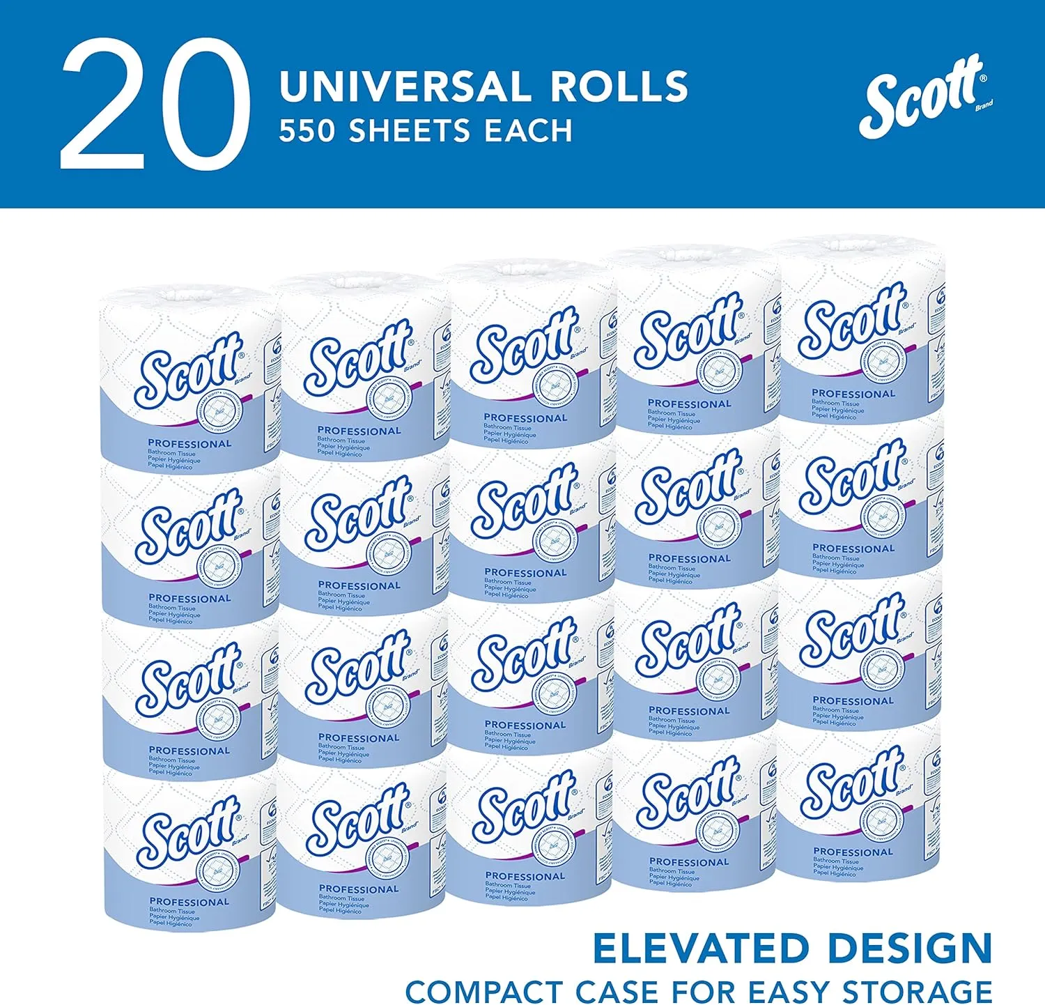 Scott Professional Standard Roll Bulk Toilet Paper (13607), 2-Ply, Elevated Design, White, Individually Wrapped, Compact for Easy Storage (20 Rolls of 550 Sheets, 11,000 Sheet Total)