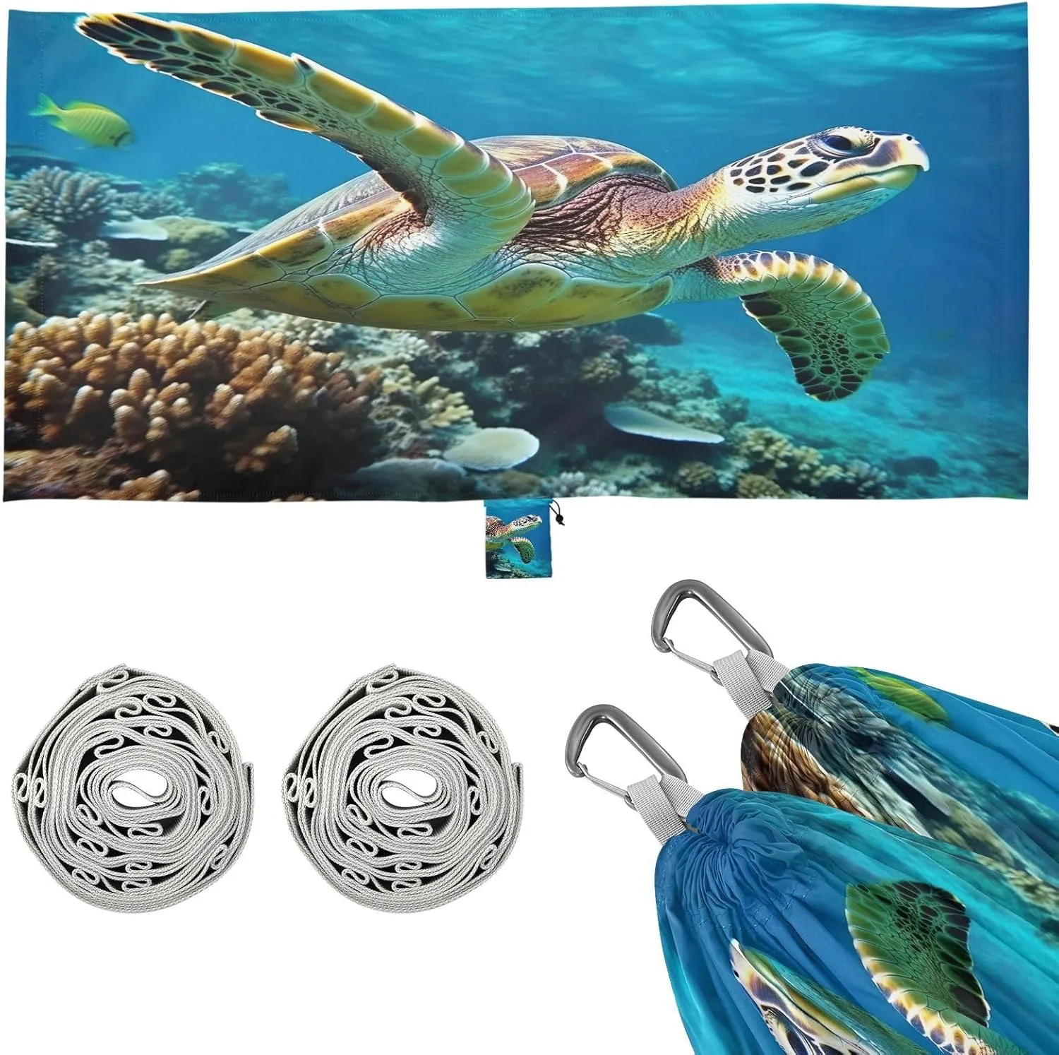 Sea Turtle Camping Hammock, Single Portable Hammocks with Tree Straps & Attached Carry Bag, 330Lbs Capacity Perfect for Outside Indoor Hiking Beach Backpack Travel