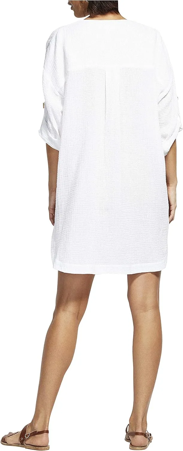 Seafolly Women's V Neck Cover Up Dress with Roll Sleeves