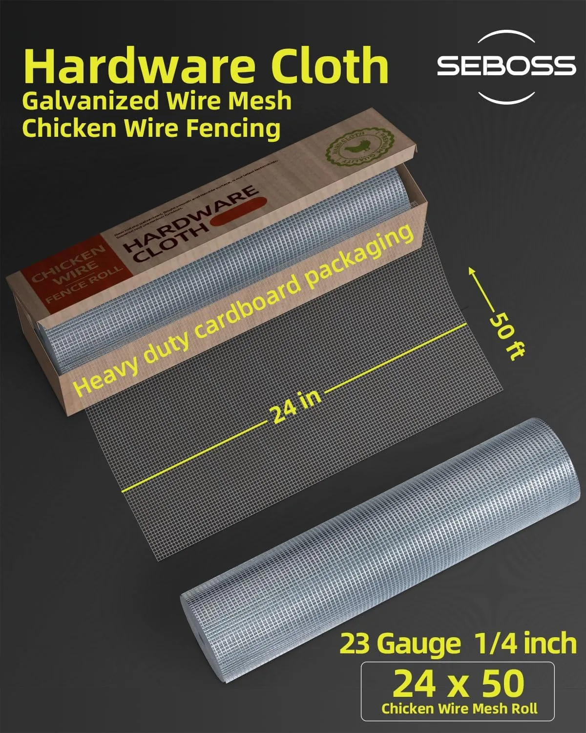 SEBOSS Hardware Cloth 1/4 inch Mesh 24'' x 50' 23 Gauge, Hot-dip Galvanized After Welding, Chicken Wire Mesh Roll Gopher Wire Garden Fence Snake Fencing