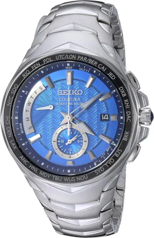 SEIKO SSG010 Watch for Men - Coutura Collection - Radio Sync Solar Chronograph, Two-Tone Stainless Steel Case & Bracelet, Black Dial with Lumibrite Hands & Markers, and Date Calendar