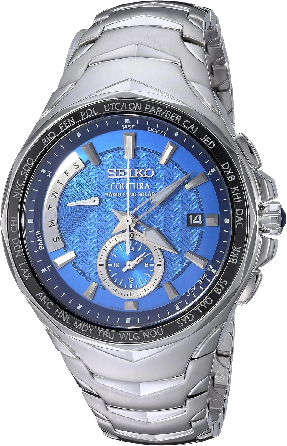 SEIKO SSG010 Watch for Men - Coutura Collection - Radio Sync Solar Chronograph, Two-Tone Stainless Steel Case & Bracelet, Black Dial with Lumibrite Hands & Markers, and Date Calendar