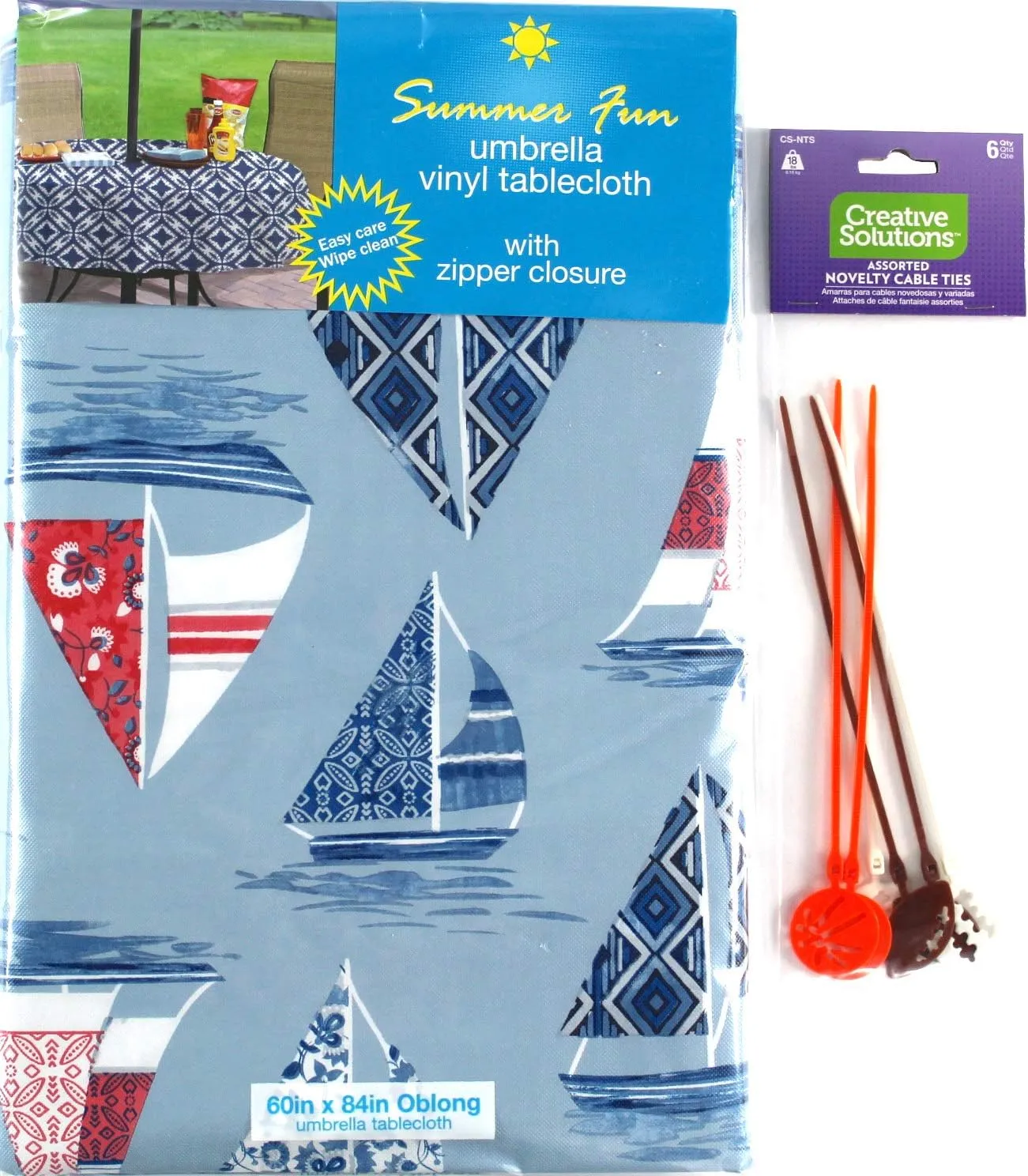 Serafina Home Elrene Summer Flannel Back Vinyl Tablecloths: Patio Table Umbrella Hole and Zipper Table Cover, 52" x 70" inch Rectangle (Sailboat)