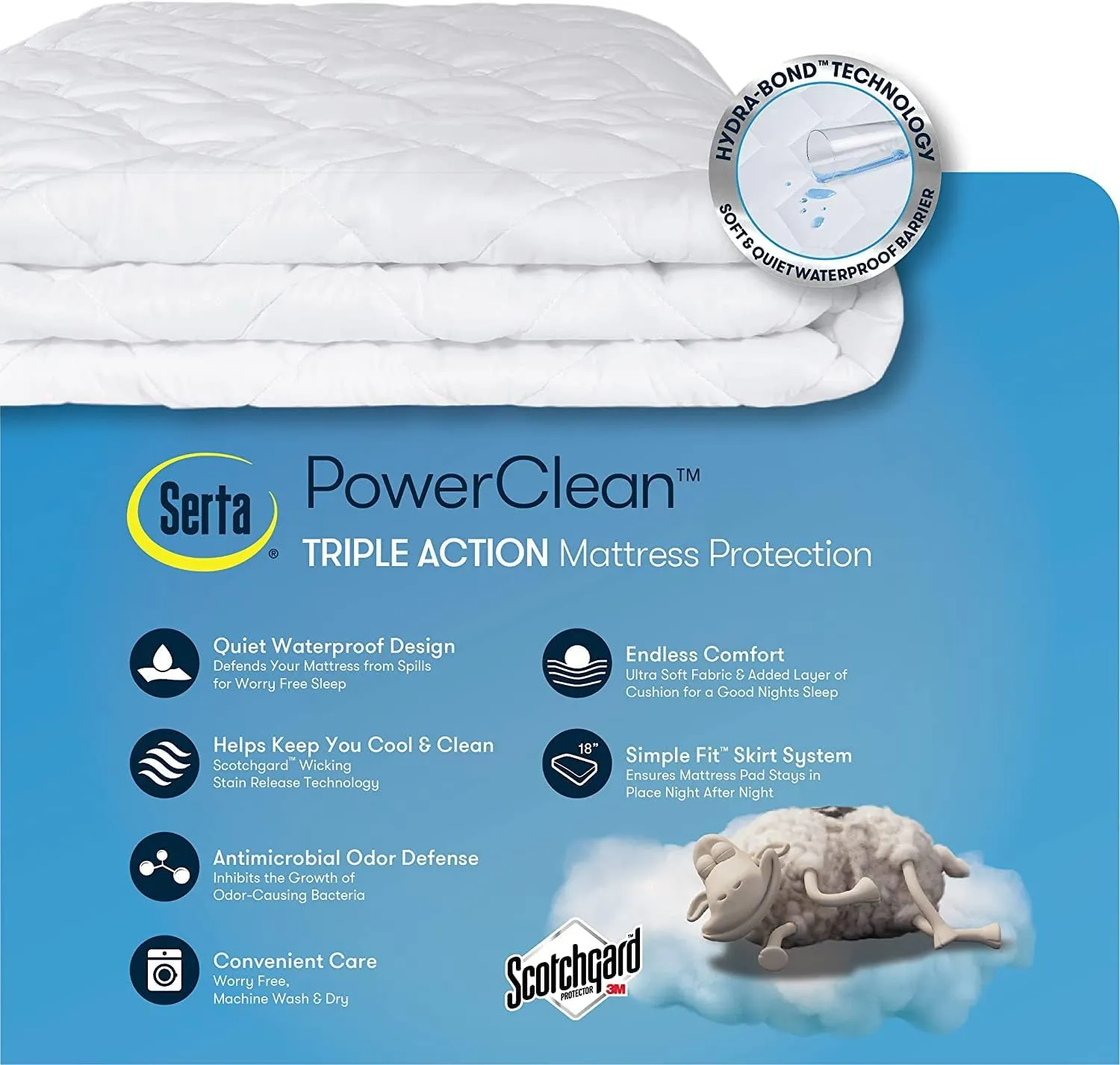 SERTA Power Clean Triple Action Quilted Soft Waterproof Mattress Pad Protector, Moisture Wicking Protection with 15" Deep Pocket, Queen, White