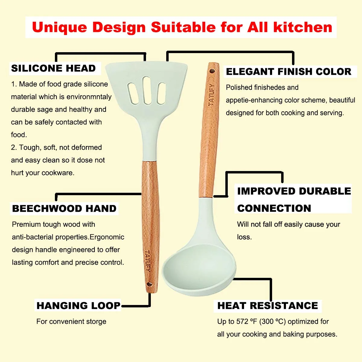 Set of 12 Silicone Utensils Set Cooking Kitchen Baking Wooden Cookware BPA Free
