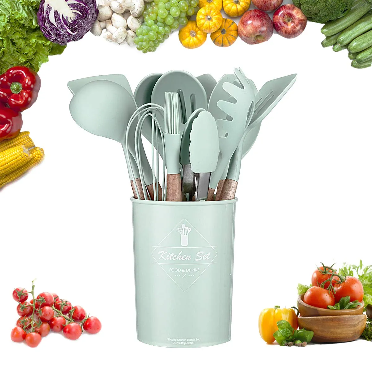 Set of 12 Silicone Utensils Set Cooking Kitchen Baking Wooden Cookware BPA Free