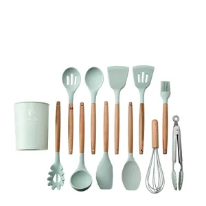 Set of 12 Silicone Utensils Set Cooking Kitchen Baking Wooden Cookware BPA Free