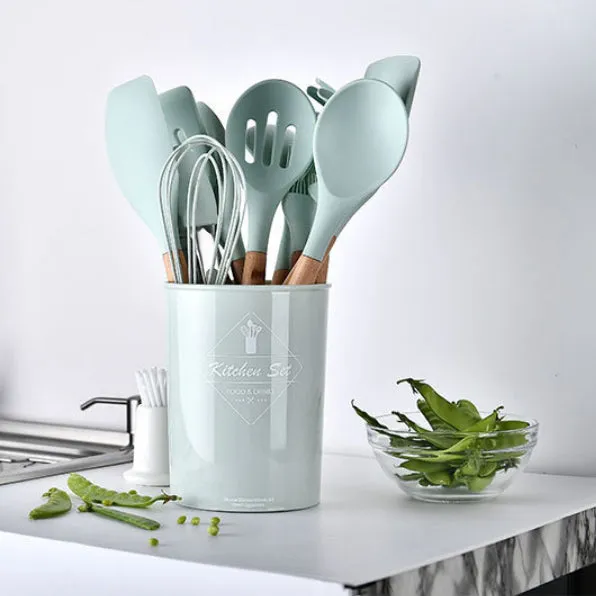 Set of 12 Silicone Utensils Set Cooking Kitchen Baking Wooden Cookware BPA Free