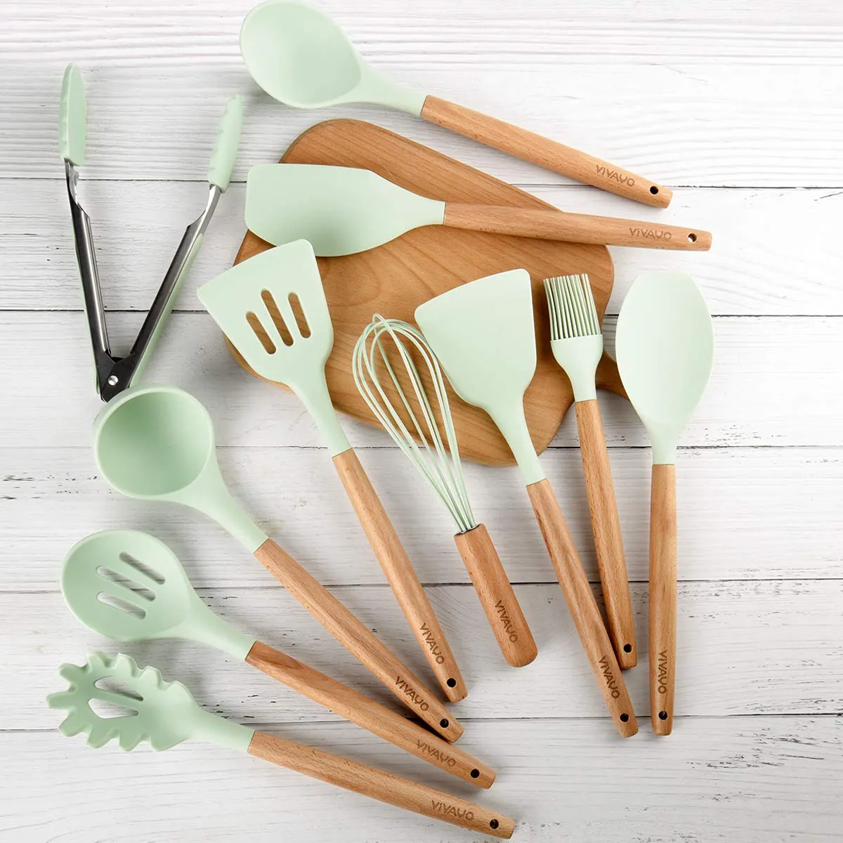 Set of 12 Silicone Utensils Set Cooking Kitchen Baking Wooden Cookware BPA Free