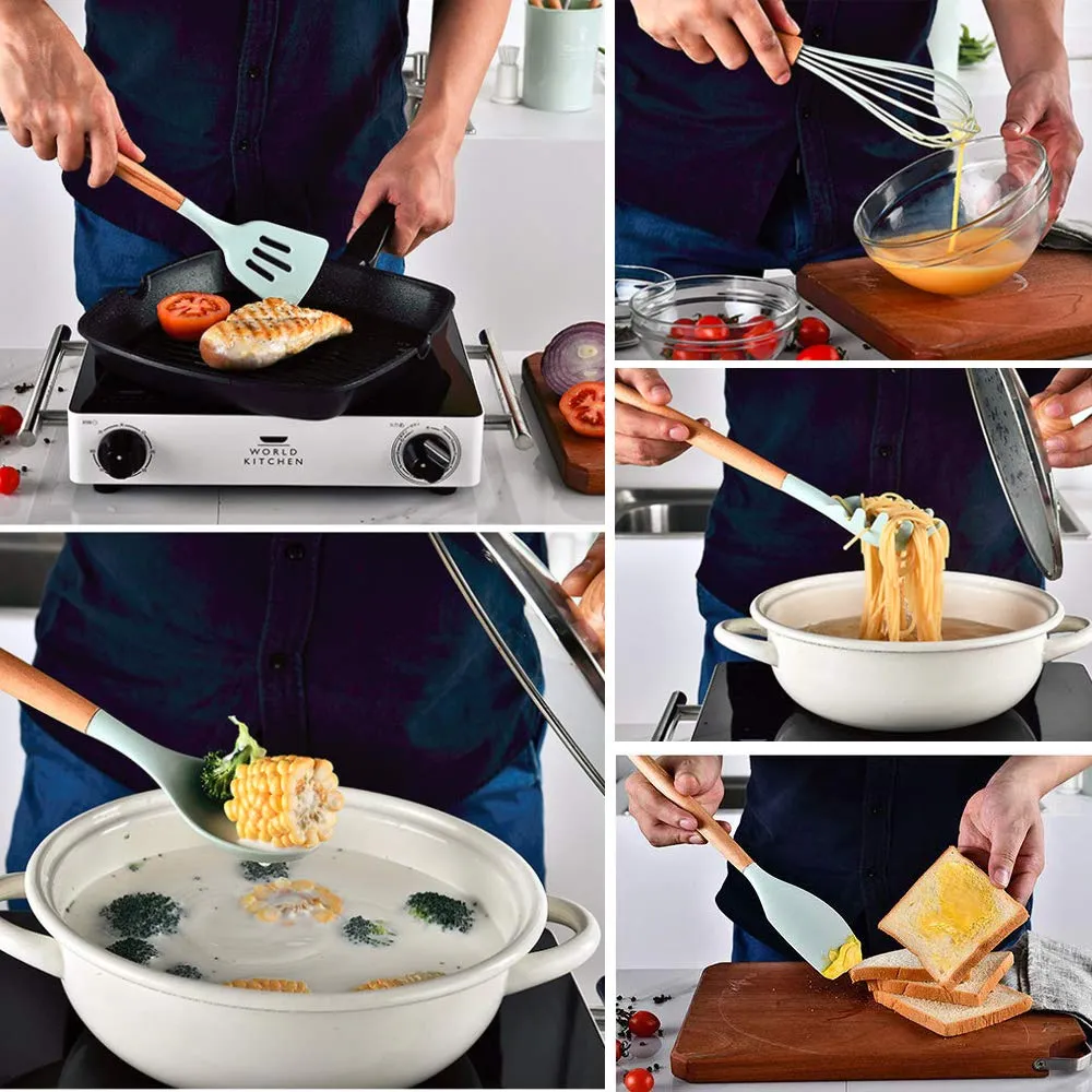 Set of 12 Silicone Utensils Set Cooking Kitchen Baking Wooden Cookware BPA Free