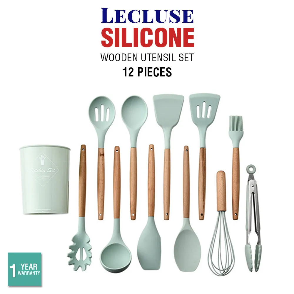 Set of 12 Silicone Utensils Set Cooking Kitchen Baking Wooden Cookware BPA Free