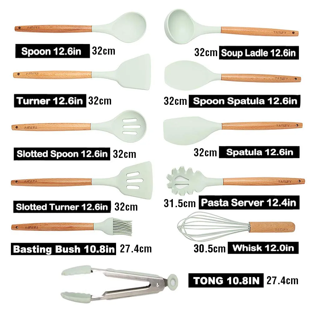 Set of 12 Silicone Utensils Set Cooking Kitchen Baking Wooden Cookware BPA Free