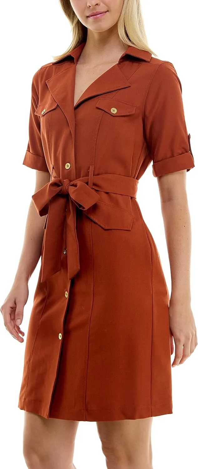 Sharagano Women's Belted Shirtdress with Short Roll Tab Sleeves