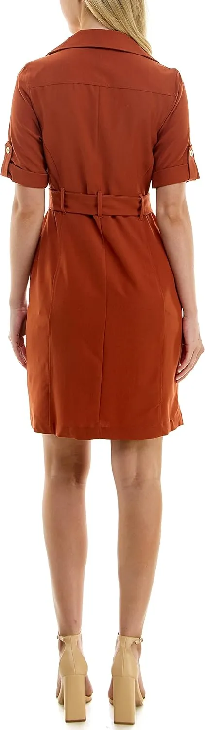 Sharagano Women's Belted Shirtdress with Short Roll Tab Sleeves