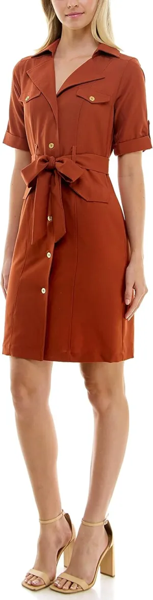 Sharagano Women's Belted Shirtdress with Short Roll Tab Sleeves