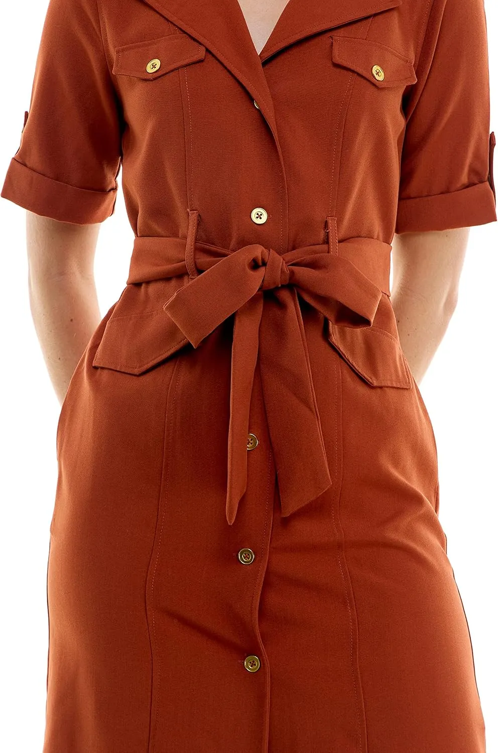 Sharagano Women's Belted Shirtdress with Short Roll Tab Sleeves